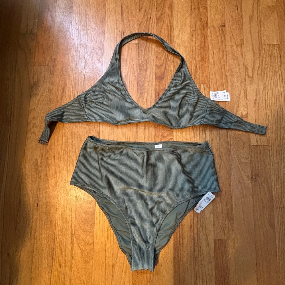 Aerie Swim Olive Green NWT Ribbed Bikini Set- halter top with high rise bottoms